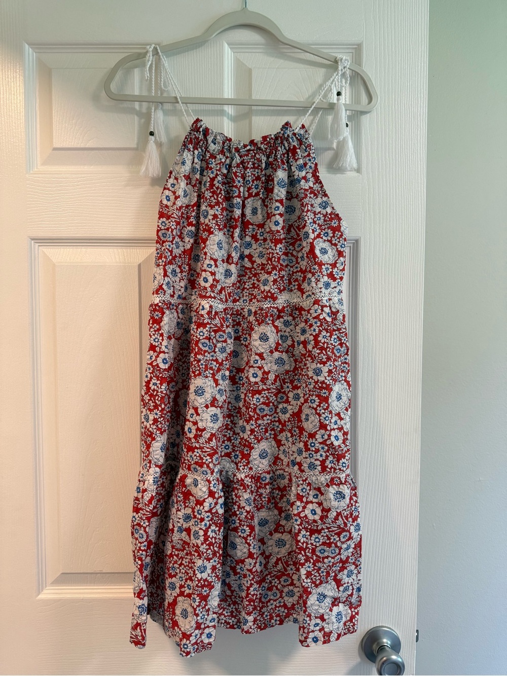 sundays Red Floral Tiered Sundress with White Tassel Straps